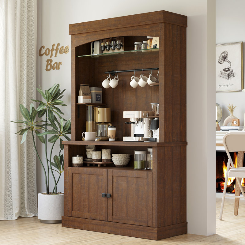 Bar à café avec lumières DEL 3 couleurs, support pour verres à vin et tablettes réglables, support à micro-ondes de 42 po et huche de rangement pour garde-manger, rouge brunâtre