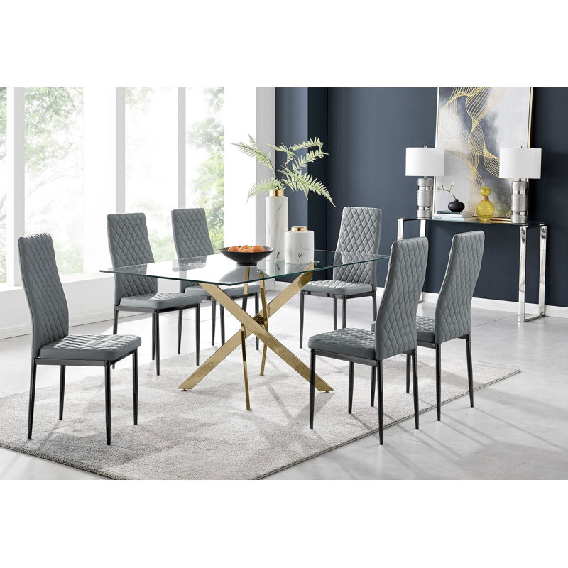 Lenworth Modern Chrome Metal and Glass Dining Table Set with 6 Luxury Faux Leather Dining Chairs, Sliver, Gray