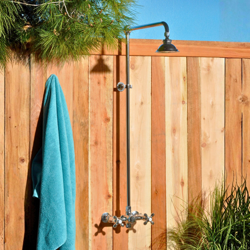 Ensemble de douche murale d'extérieur 48 po avec pomme de douche et poignée en croix, Supercoat Brass