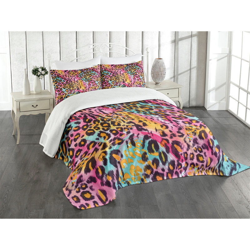 Ambesonne Leopard Print Bedspread Set Mottled Camo Multicolor, King Bedspread + 2 Standard Shams