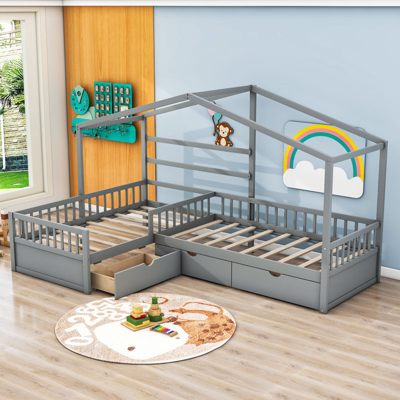 Lit plateforme simple avec 3 tiroirs de rangement - Lit simple en forme de L en bois massif, gris, gris