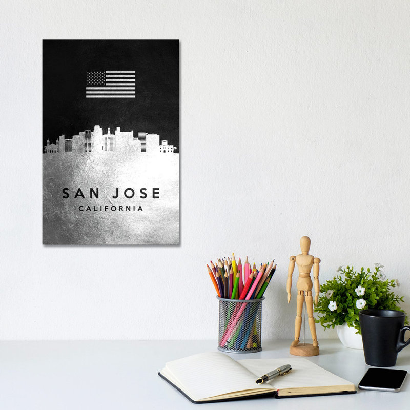 San Jose California Silver Skyline by Adrian Baldovino - Wrapped Canvas Painting, 20.32 cm H x 30.48 cm W x 1.91 cm D
