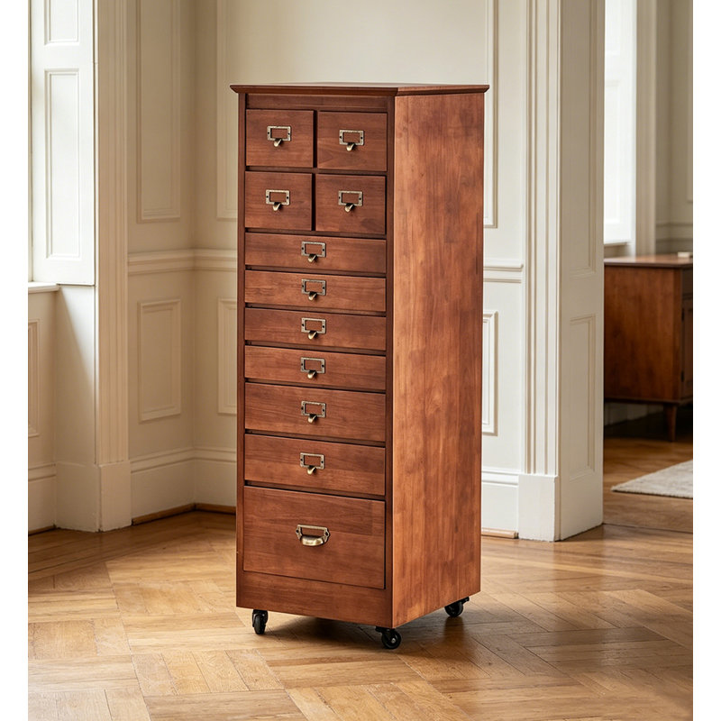 Armoire à bijoux en bois d'hévéa de style Mid-Century avec roulettes pour un usage domestique