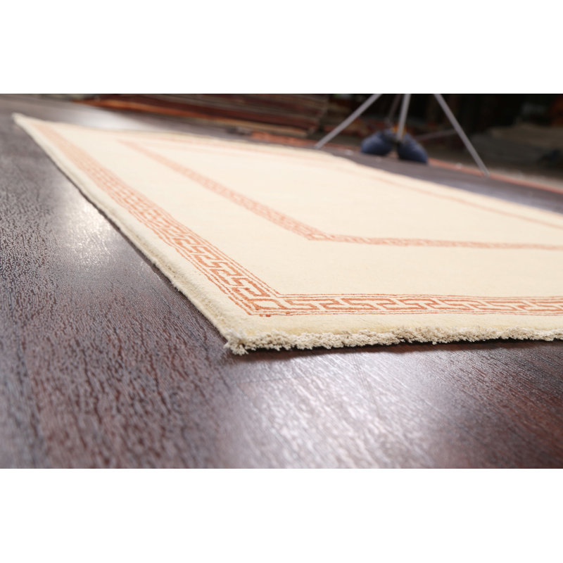 Tapis beige en laine noué à la main de conception unique 4 pi 8 po x 6 pi 6 po New Age