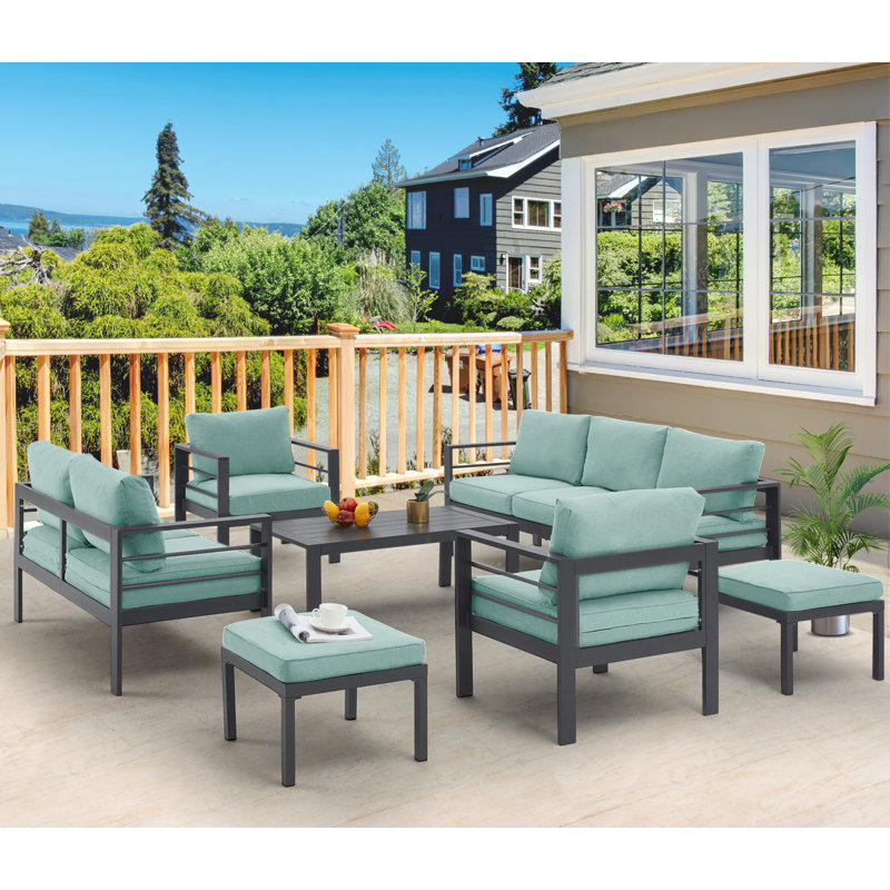 Charlsa Metal 9 - Person Seating Group with Cushions, Green Cushion/Black Frame