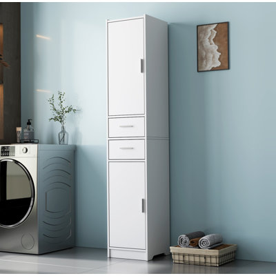 Armoire de rangement pour salle de bain de 70,87 po de hauteur avec 2 portes et 2 tiroirs, unité de rangement étroite, tablettes réglables, armoire de plancher pour salle de bain, salon, entrée, cuisine, blanc
