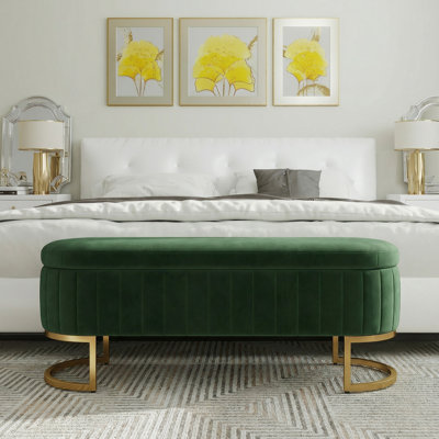 Banc de rangement 65 po avec pieds dorés, banc de fin de lit en velours pour salon, fenêtre, entrée