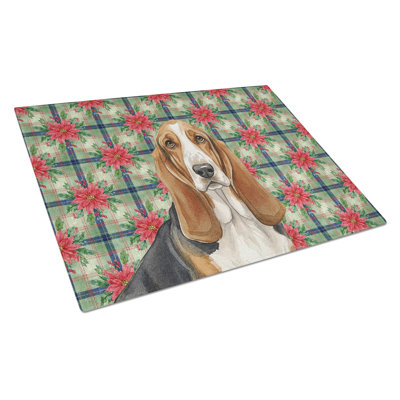 Tricolor and White Basset Hound Christmas PoinsettIas Glass Cutting Board