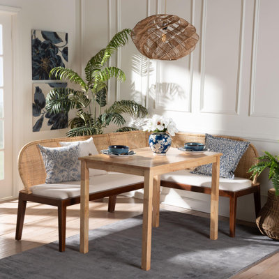 Ensemble de coin-repas 3 pièces Bali & Pari Okinawa - Bancs d'angle en rotin en forme de L avec coussins et table rectangulaire en bois massif, banquette déjeuner Boho Coastal pour la cuisine ou la salle à manger