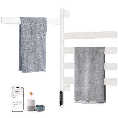 MASO Smart Rotating Heated Towel Rack for Bathroom, 120W Electric Towel Warmer with Swivel Bars, 1-24H Timer, 115℉-155℉, Wi-Fi App Control, Low Carbon Steel, IPX5, Plug-in/Hardwired, White