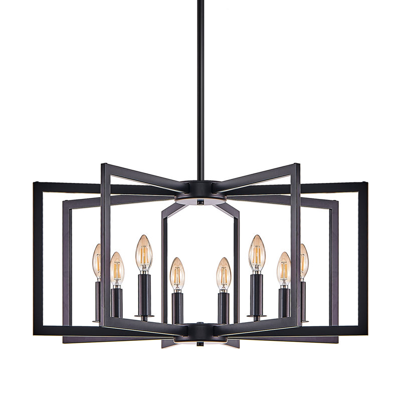 Lustre moderne en métal avec tiges réglables, Noir mat, 8 lumières