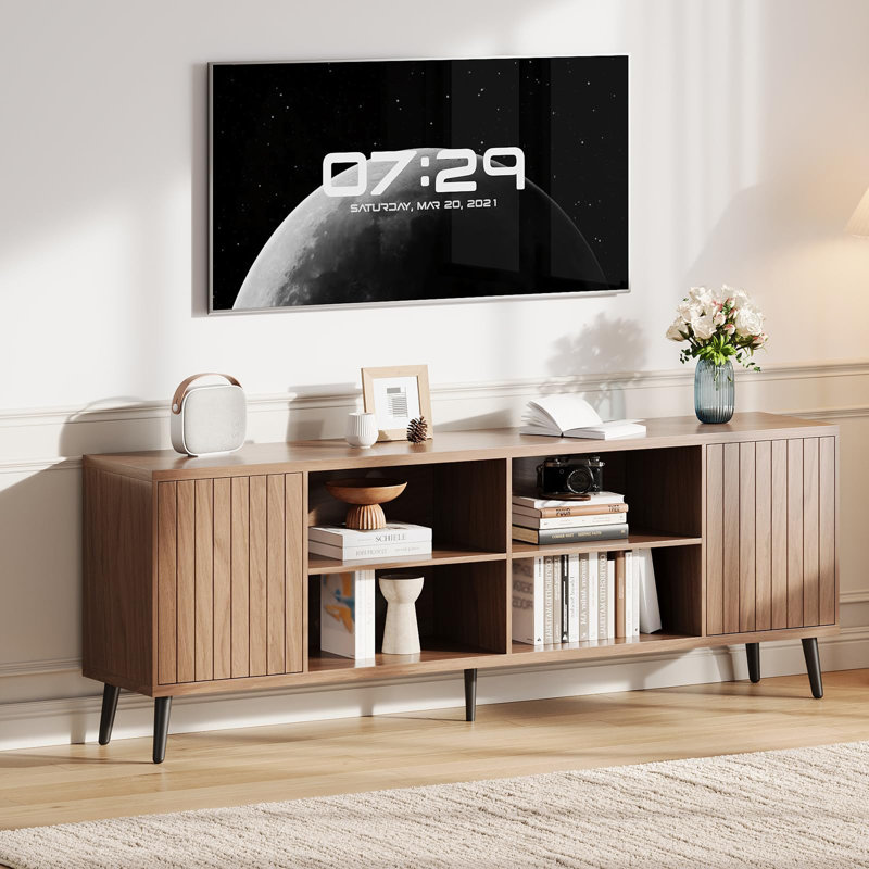 Meuble télé 70 po pour téléviseur de 75 po ou moins avec armoires et tablettes de style Mid-Century