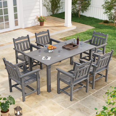  7 Piece Outdoor HIPS Dining Set, All-Weather Patio Table and Chairs W/ Umbrella Hole, Low Maintenance for Porch, Backyard