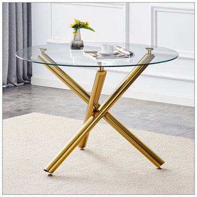Table ronde en verre de 42 pouces. Choix moderne et simple: une table ronde en verre avec trois pieds de table en métal argentés entrecoupés vous donne une élégance intemporelle.