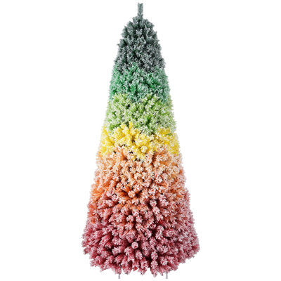 6ft Rainbow Gradient Flocked PVC Christmas Tree with 1326 Tips, Colorful Full-Bodied Artificial Pine with Snowy Finish, Hinged Design and Sturdy Metal Stand for Holiday Decoration