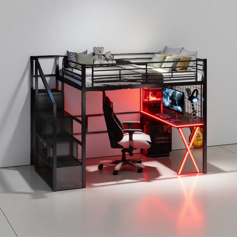 Lit mezzanine double en métal avec poste de travail intégré, garde-robe, escalier de rangement et DEL