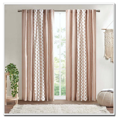 Cotton Printed Curtain Panel with Chenille Stripe and Lining Blush 50x84"