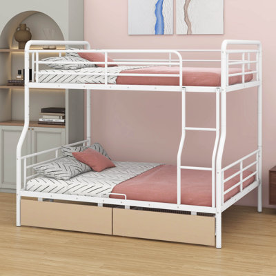 Lit double superposé au-dessus de grand lit double (structure en métal) - 2 tiroirs inclus