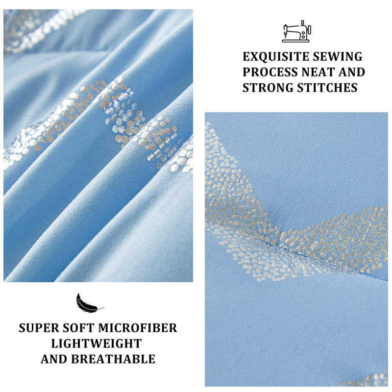 4 Piece Metallic Comforter Set Soft Microfiber Bedding with Pillow Shams & Decorative Pillow Sham, Blue Chevron/Zig Zag