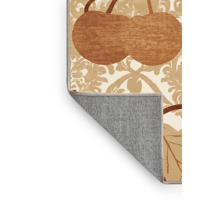 Machine Washable Tomohon Cherry Classic Damask Rug in Beige – Beige Binding, 5x7