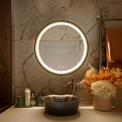 Miroir d'appoint de salle de bain 24 pouces avec fond de panier, cadre en alliage d'aluminium noir, luminosité élevée, touche à intensité variable, commande murale