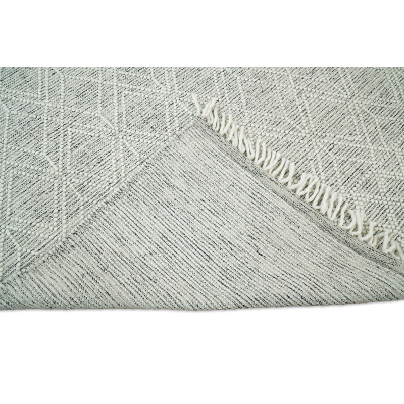 Tapis gris / ivoire en laine tissé à plat à la main à motif géométrique, Rectangle 8 pi x 10 pi