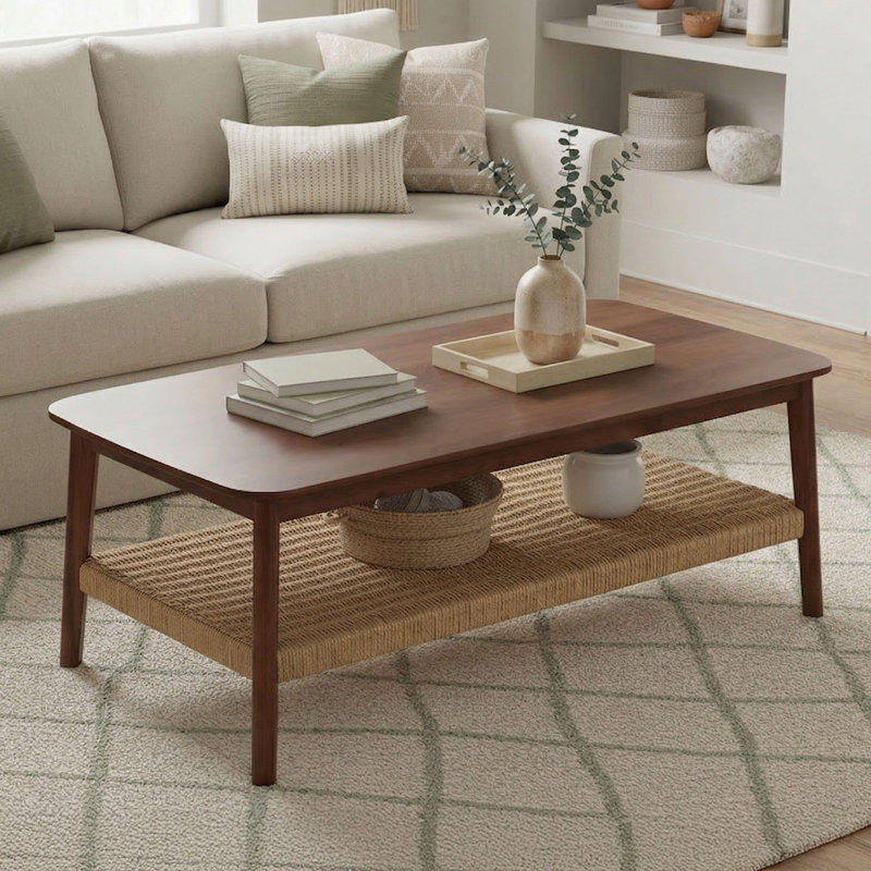 Table basse Alaterre Furniture - Table de salon de 48 pouces avec tablette tissée - Collection Calais Table basse en bois d'acacia massif avec tablette ouverte (châtaignier chaud)