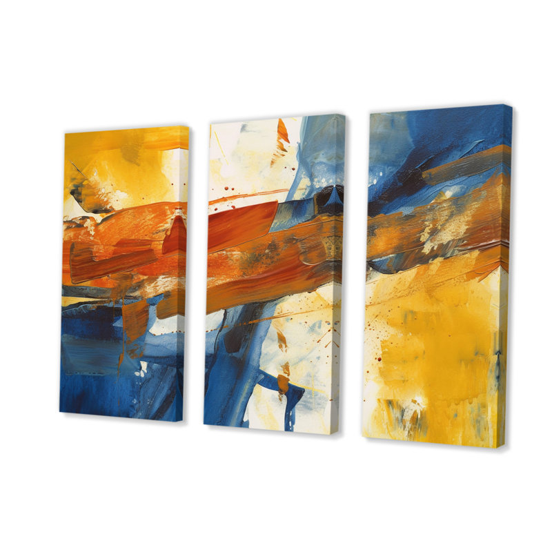 «Evening Glow», impression abstraite orange et bleu royal sur toile, 3 pièces, H 28 po x l 36 po x P 1 po