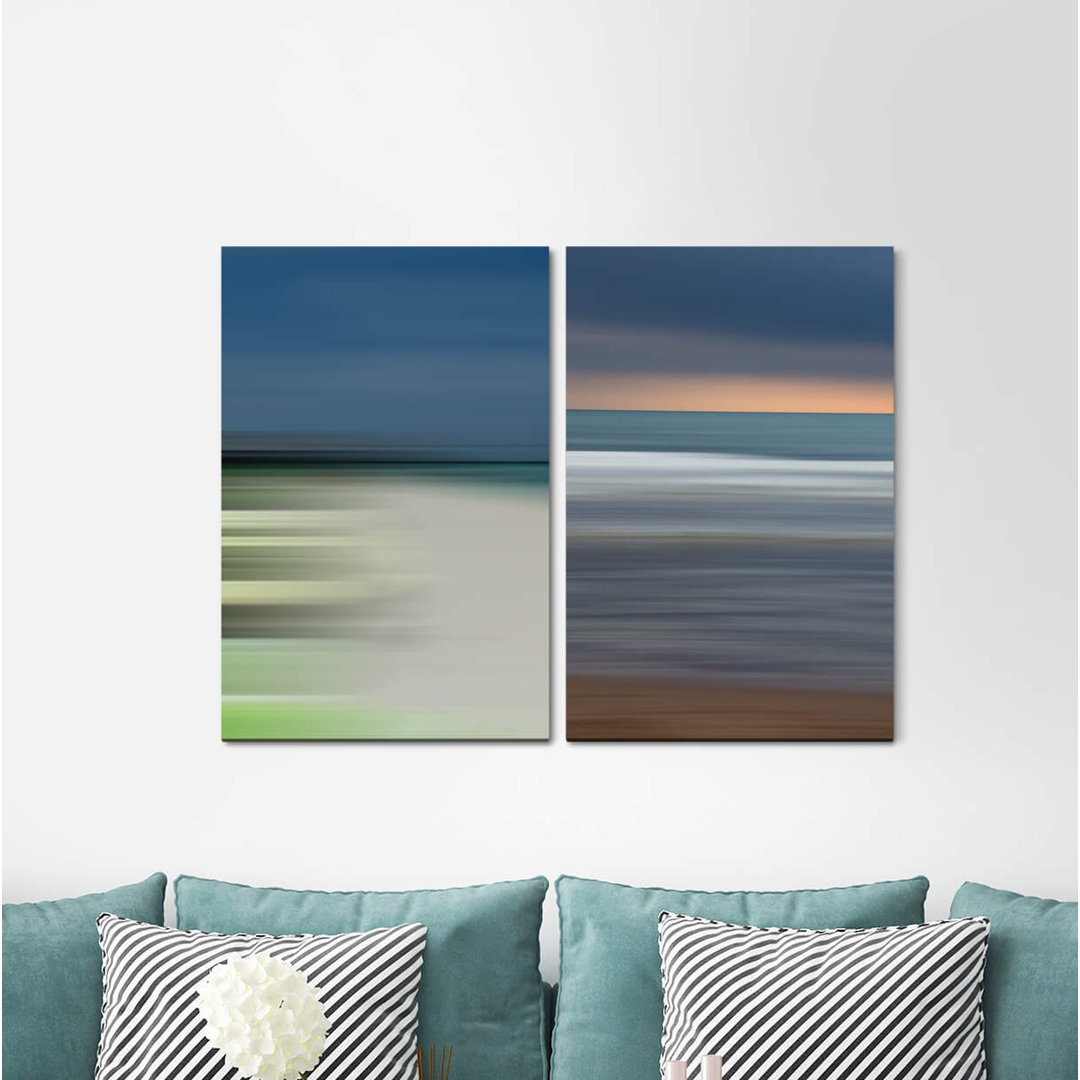 2-tlg. Leinwandbilder-Set - Grafikdruck „Horizon Minimal Sea Beach Waves Turquoise Sunset”