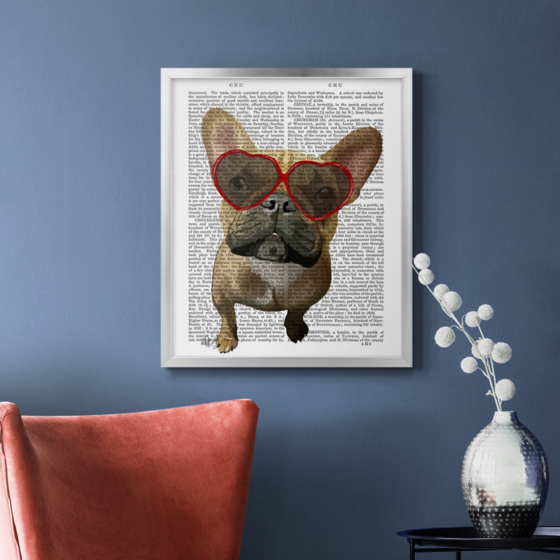 Bouledogue français et verres à cœur, toile de qualité supérieure, prête à être accrochée, Argent, H 24 po x l 20 po