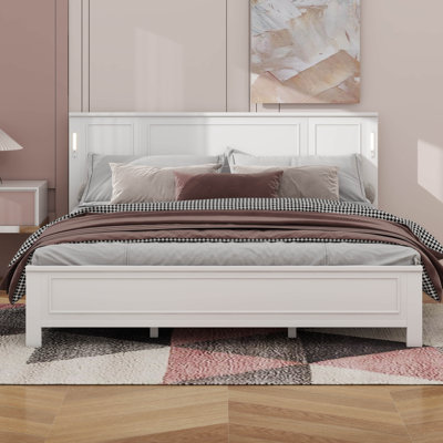 Très grand cadre de lit très grand avec tête et pied de lit hauts, lit plateforme en bois de pin avec lumières DEL