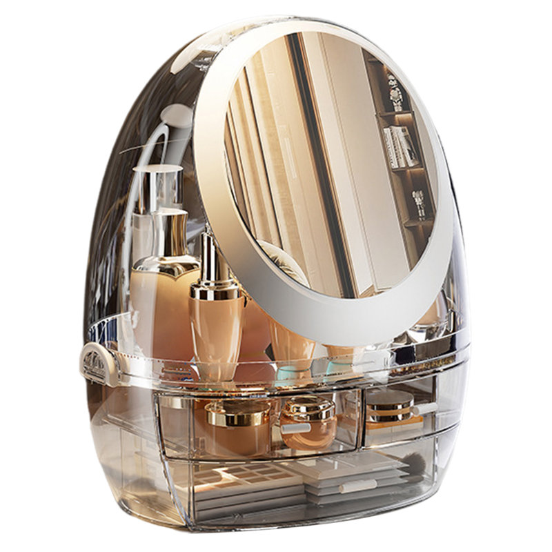 Boîte de rangement pour cosmétiques avec miroir de rotation à 360 degrés et grande capacité de rangement de bureau à maquillage