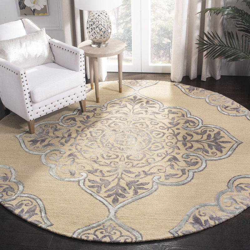 Pimentel Hand Tufted Wool/Cotton Geometric Rug in Blue/Beige, Round 7'