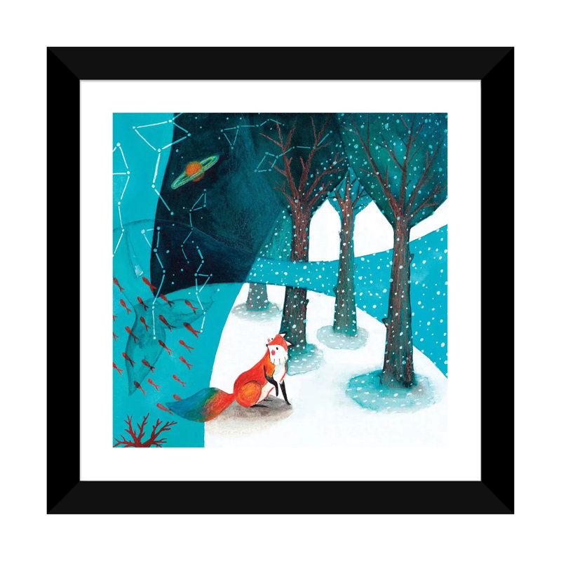 Renard et baleine V - imprimé, Blanc, H 16 po x l 16 po x p 1 po, Papier encadré noir