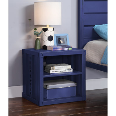 Table de chevet bleue Cargo avec 2 compartiments ouverts, fabrication en métal, style industriel et finition thématique, rangement
