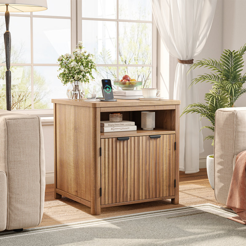Fluted Nightstand With Charging Station,bedside Table With Open Shelf And Cabient Storage, Walnut/Black