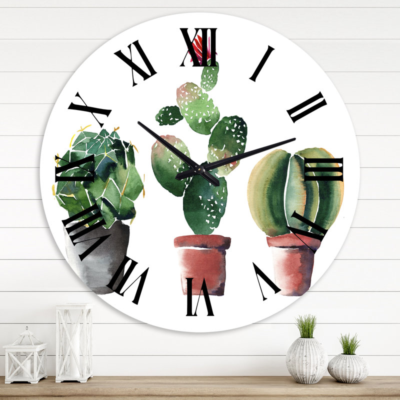 Trois cactus dans des pots en argile - horloge murale traditionnelle, Surdimensionné