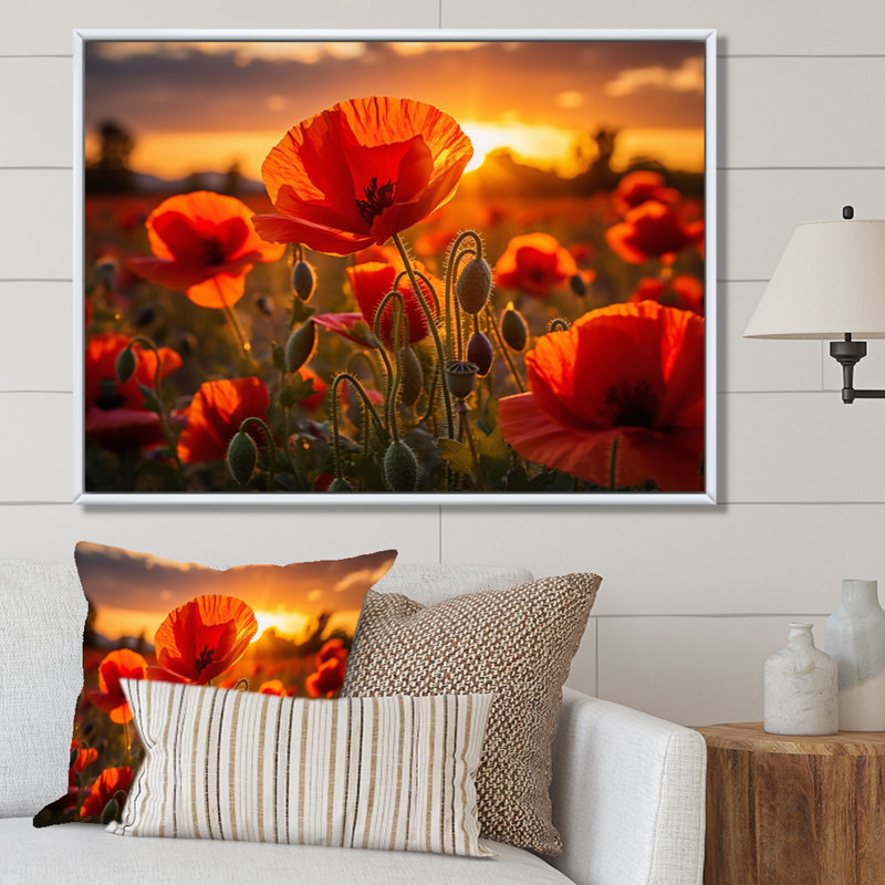 «Red Poppies Field With Sunset II», reproduction d'art sur toile coquelicots, H 24 po x l 32 po, Cadre flottant blanc