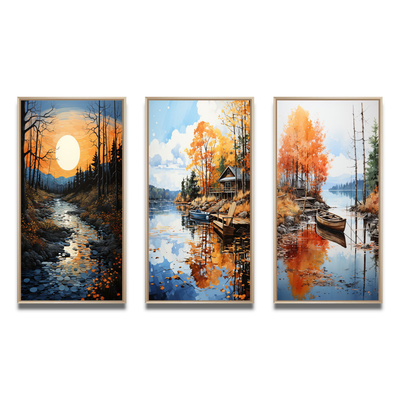 «Lake At Dusk», 3 pièces sur toile, Encadré naturel, H 28 po x l 36 po