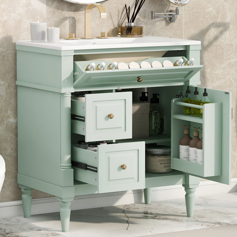 30"W Elegant Bathroom Vanity With Ceramic Sink, Green