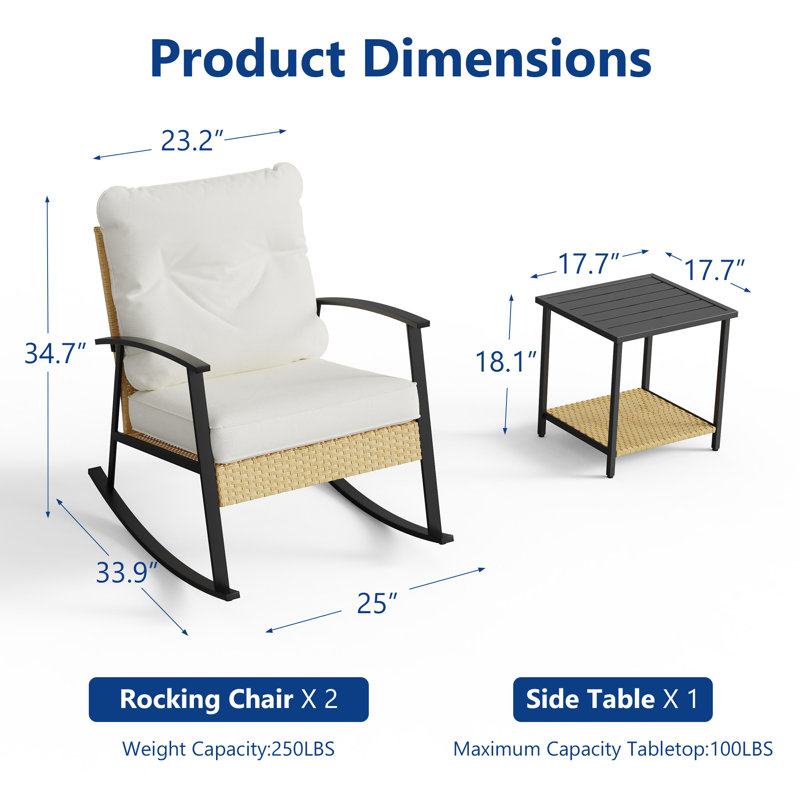 Ebern Designs 3 Piece Wicker Patio Furniture Set, Outdoor Rocking ...