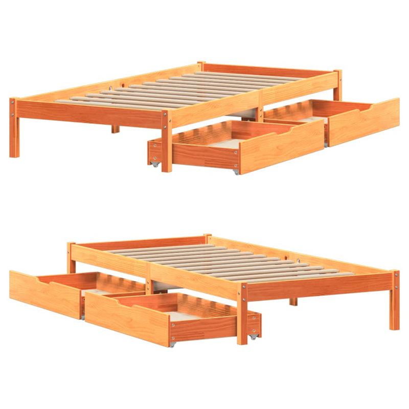 Solid Wood Drawers Bed Frame, European Single (90 x 200cm), Wax Brown