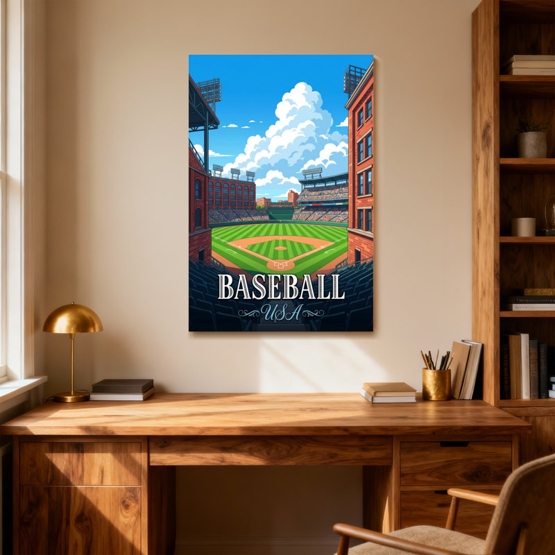 Scène de paysage de baseball scénique et urbain, conception des États-Unis, H 18 po x l 12 po
