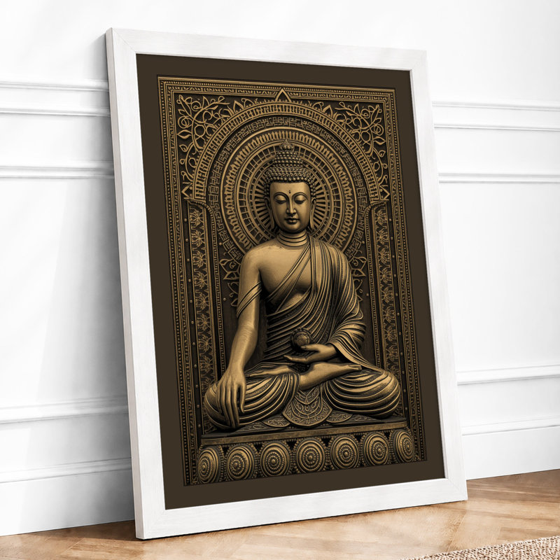 Meditating Buddha in Gold Japandi - Framed Print, A2 - 59.4 x 42.0 cm, White