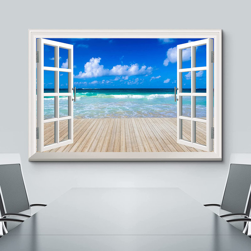 «Window Scenery Clear Sea and Wooden Pier», reproduction d'impression sur toile tendue, H 24 po x l 36 po