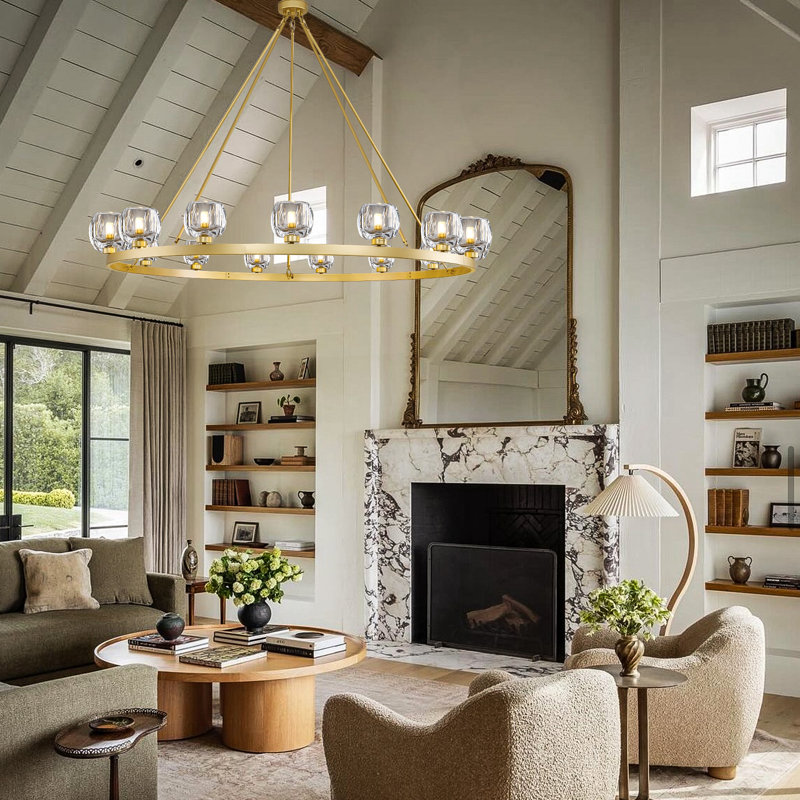 59" Dimmable Round Glass Shade Chandelier, Gold