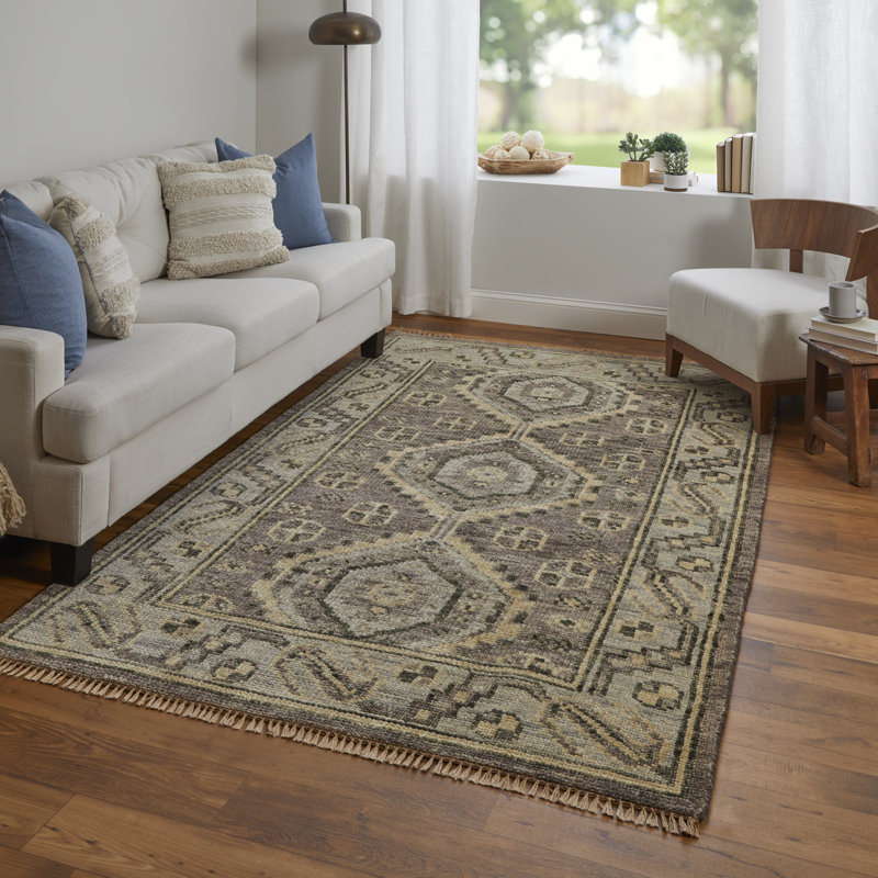Narely Hand Knotted Wool Geometric Area Rug in Gray, Rectangle 12' x 15'