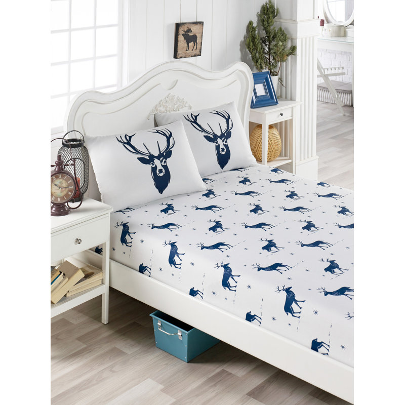 Luxurious Double Sheet Set, White & Dark Blue, 63 x 79 (Fitted) & 20 x 28 (Pillowcases) | 65% Cotton / 35% Polyester, 120 Thread Count | Machine Washable, Button Closure Duvet & Envelope Pillowcase | Perfect for Christmas Décor