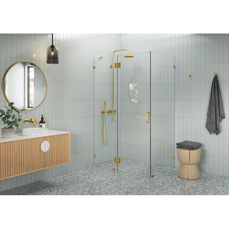 Halo 48 in. x 32 in. x 78 in. 90-degree Fully Frameless Glass Hinged Shower Enclosure, Satin Brass