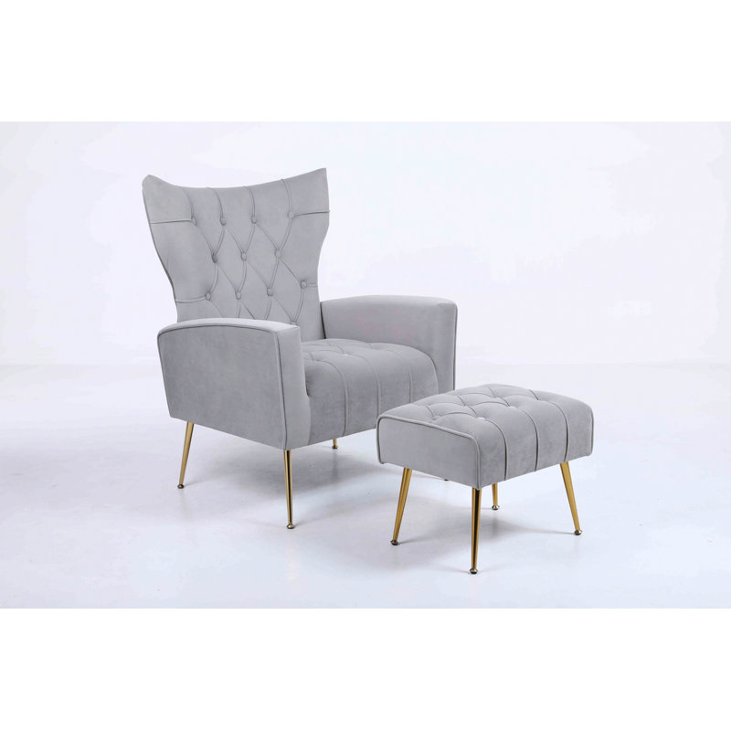 Chaise d'appoint rembourrée avec motif capitonné et repose-pieds, Gris
